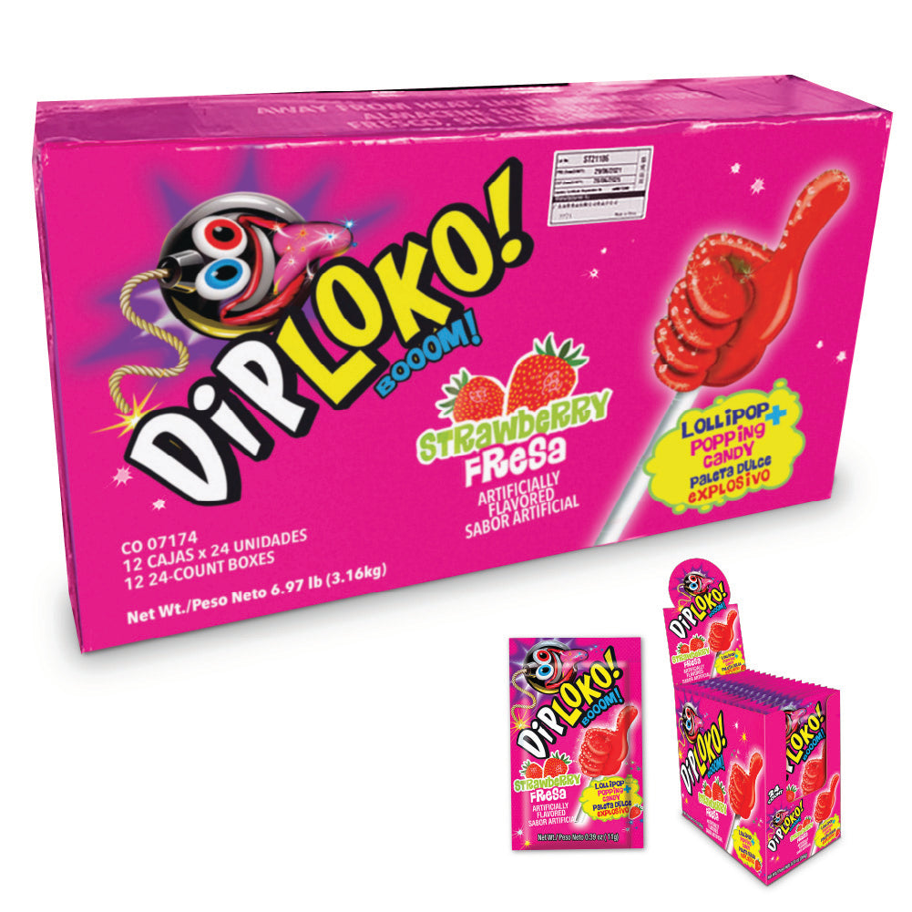 DipLoko - Sucker + Boom Candy - Shipping Case - 12 Display Boxes - STRAWBERRY